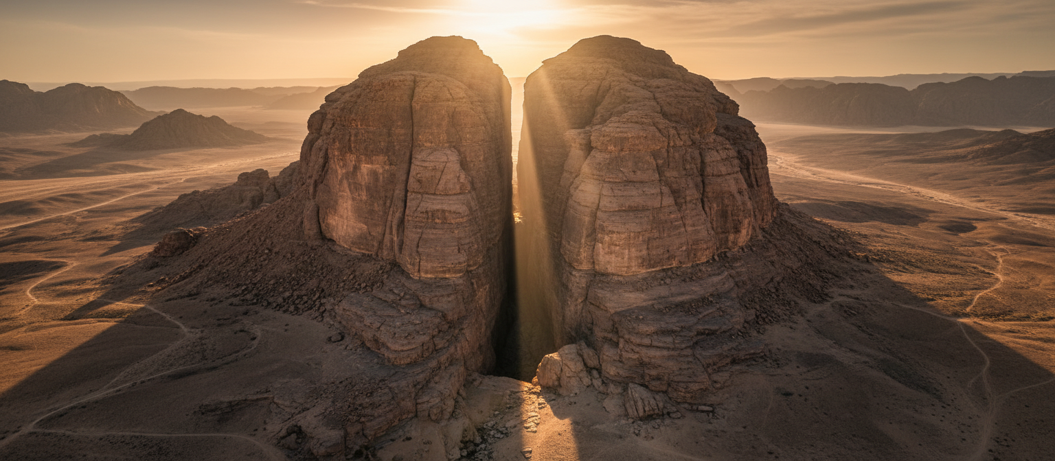 Cleft in the rock with divine light shielding a figure